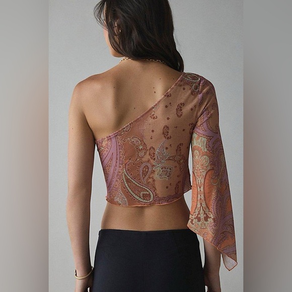 UO Kimchi Blue Paige One Shoulder Top - Paisley Orange Shirt - Picture 2 of 3